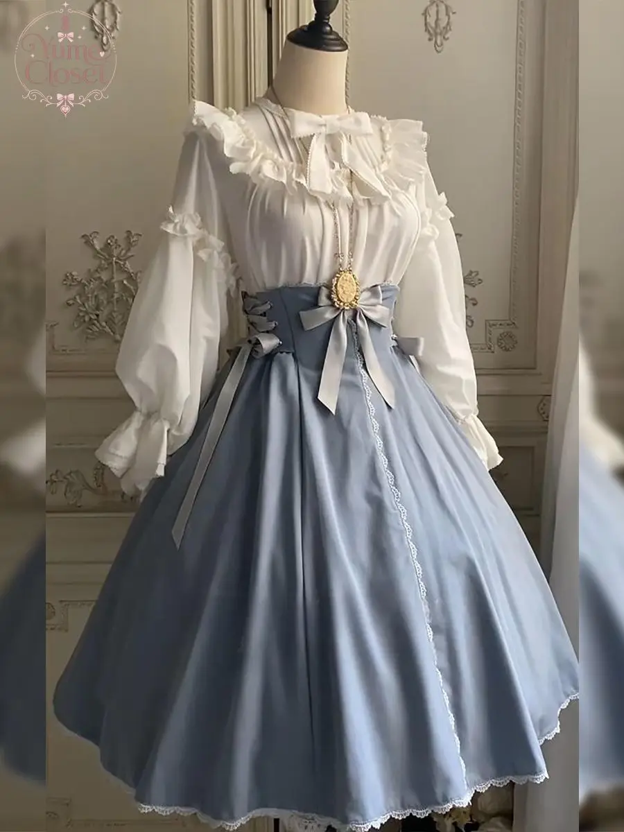 Classic Lolita 2 Piece Skirt Set Women White Ruffle Blouse Blue High Waist Maxi Skirt Bow Lace Victorian Sweet Tea Party Outfit