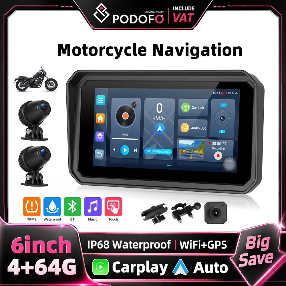 Podofo 6 Zoll Kabelloses CarPlay Android Auto 4+64GB Android Motorrad-Multimedia-Player mit eingebautem GPS-Navigations-DVR und Reifendrucküberwachung