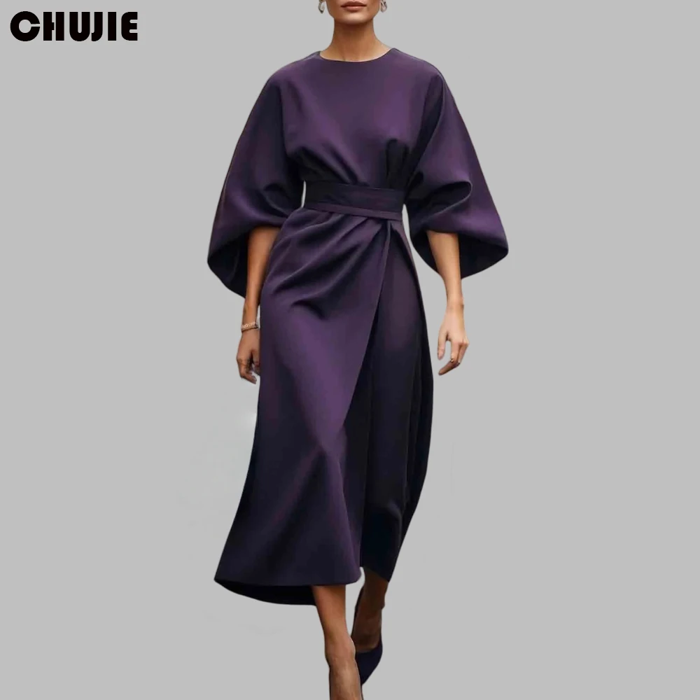 

Plum Satin Mother of The Bride Dress Prom Party Gowns Puffy Sleeve Wedding Guest Dresses Slit Customized Formal Evening Dress