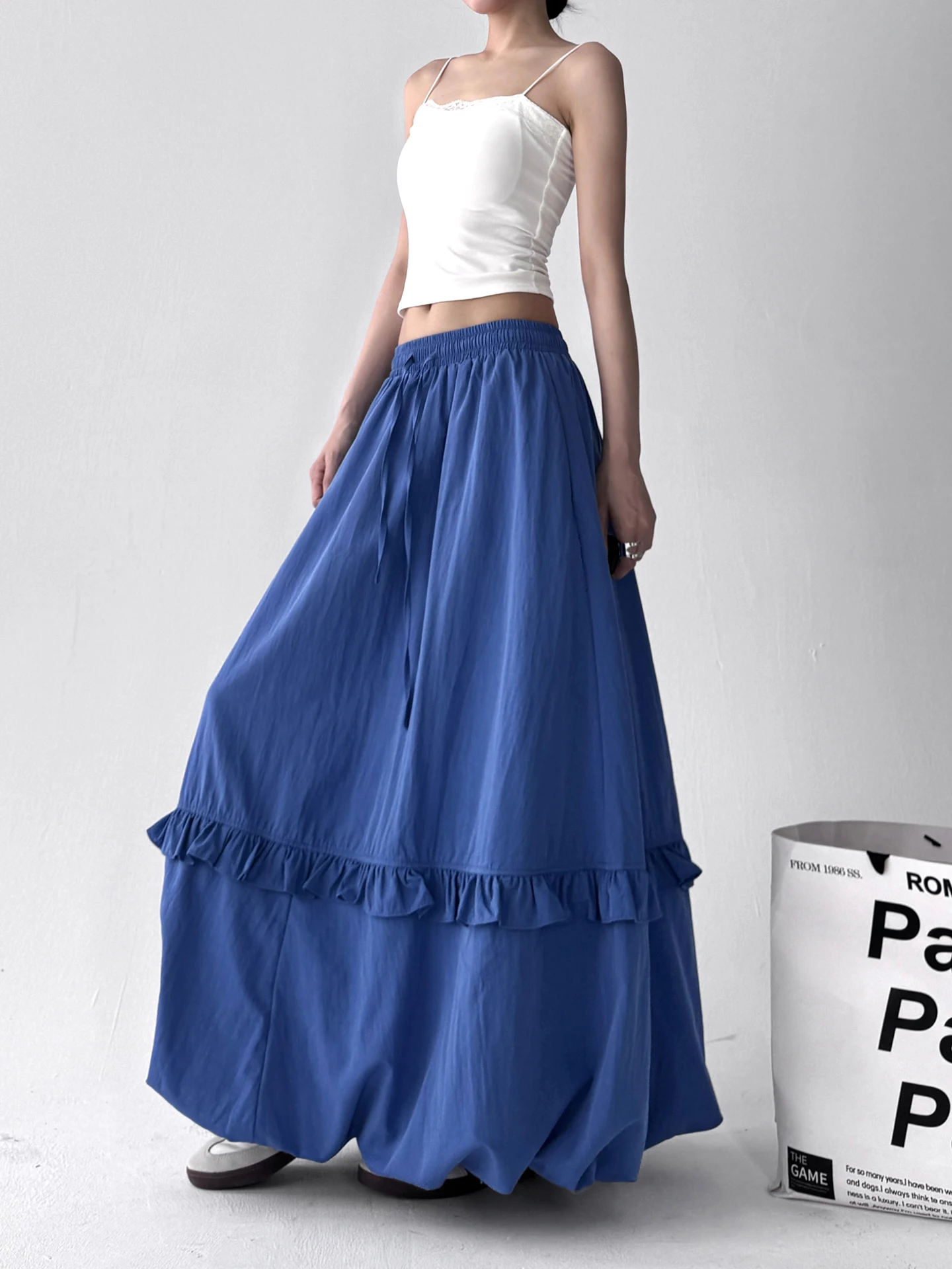 

Faionable Korean Sle Summer 2025 Loose Casual Pleated Skirt High Waist Long Skirt Polyester Cotton Blend High Waist Design