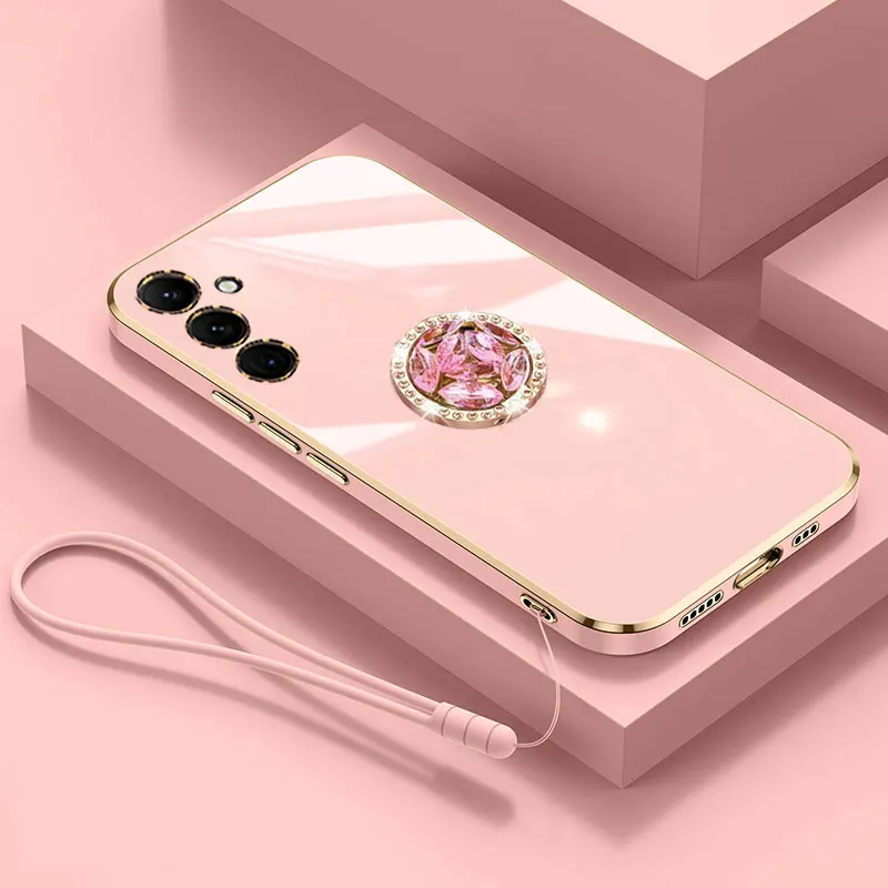 

High Quality Plating Shockproof Diamond Ring Case for Samsung Galaxy A15 C55 M55 A25 A35 A55 5G Cover with Rope Holder Case A 55