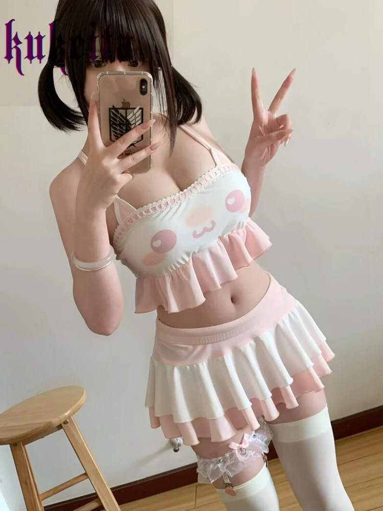 Kukeita kobiety Y2k słodki zestaw Bikini japoński nadruk Kawaii falbany Lolita strój kąpielowy krótki Top spódnica dwuczęściowy strój kąpielowy