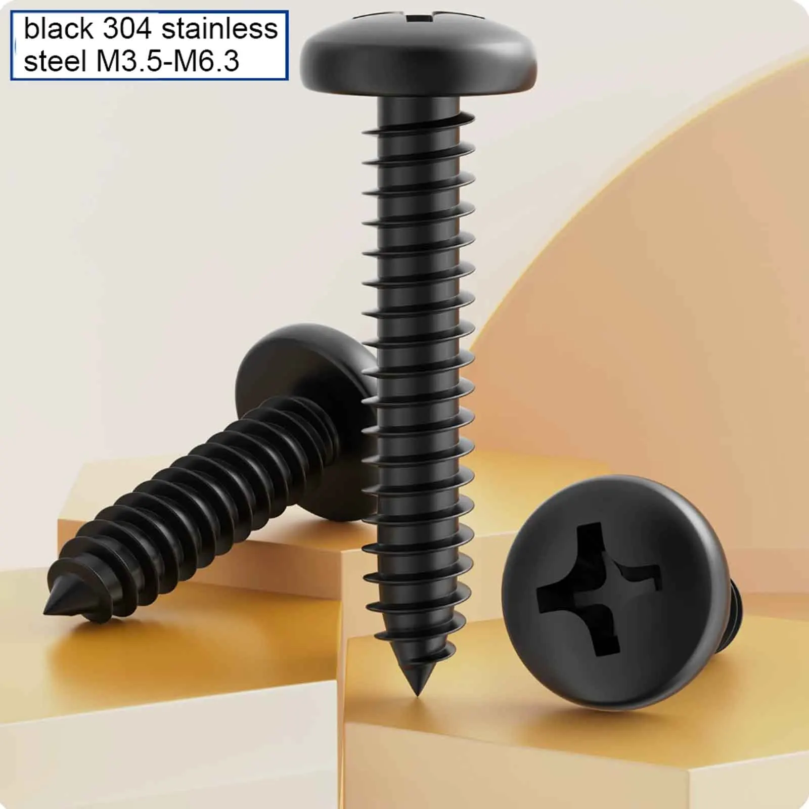 5/50pcs Black 304 Stainless Steel Phillips Pan Head Self Tapping Screws M3.5-M6.3, Cross Recessed Sheet Metal Wood Screws‌