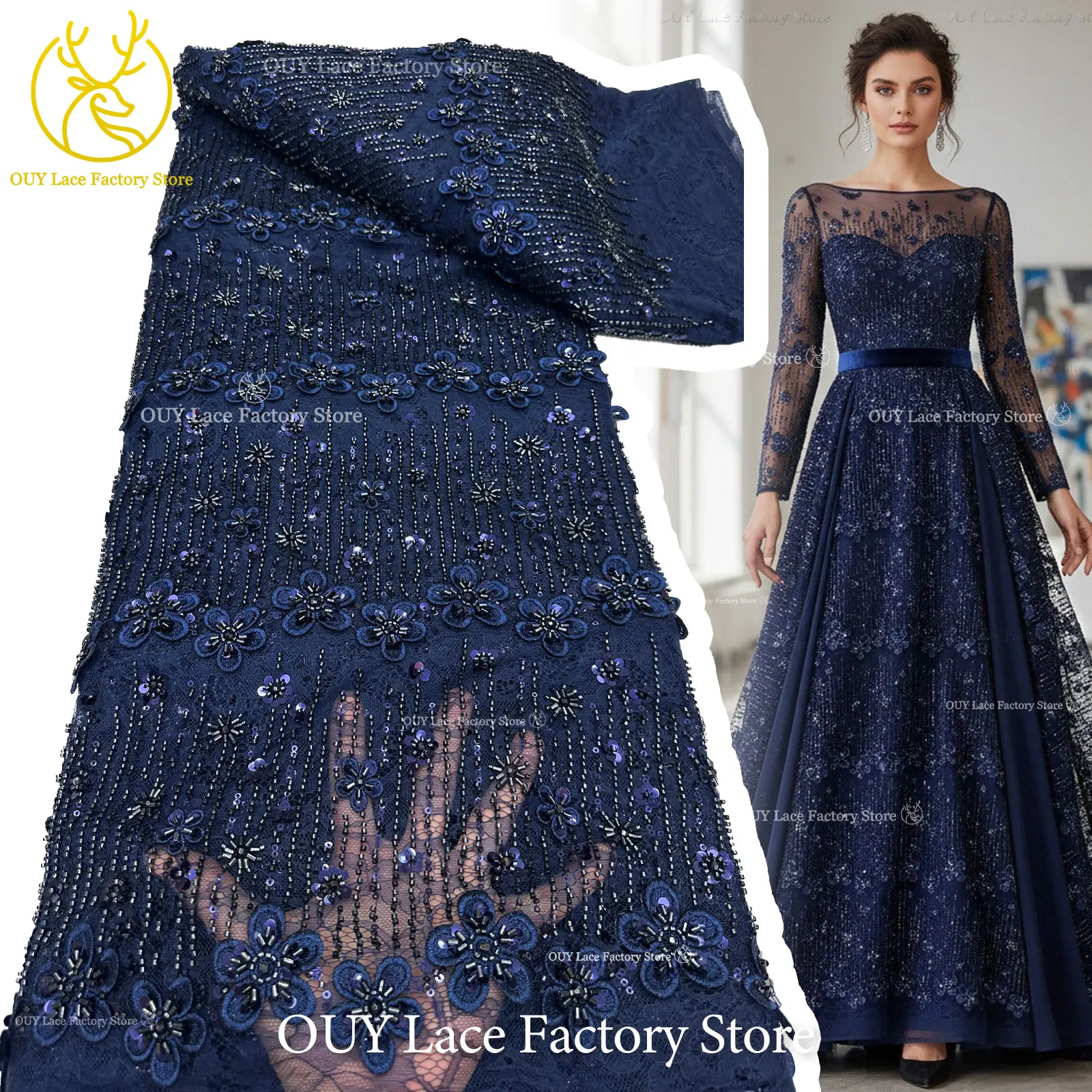 Latest Style French Embroidery Beaded Sequins Lace Fabric Navy Blue African Lace Fabric For Romantic Party Wedding Dress Sewing