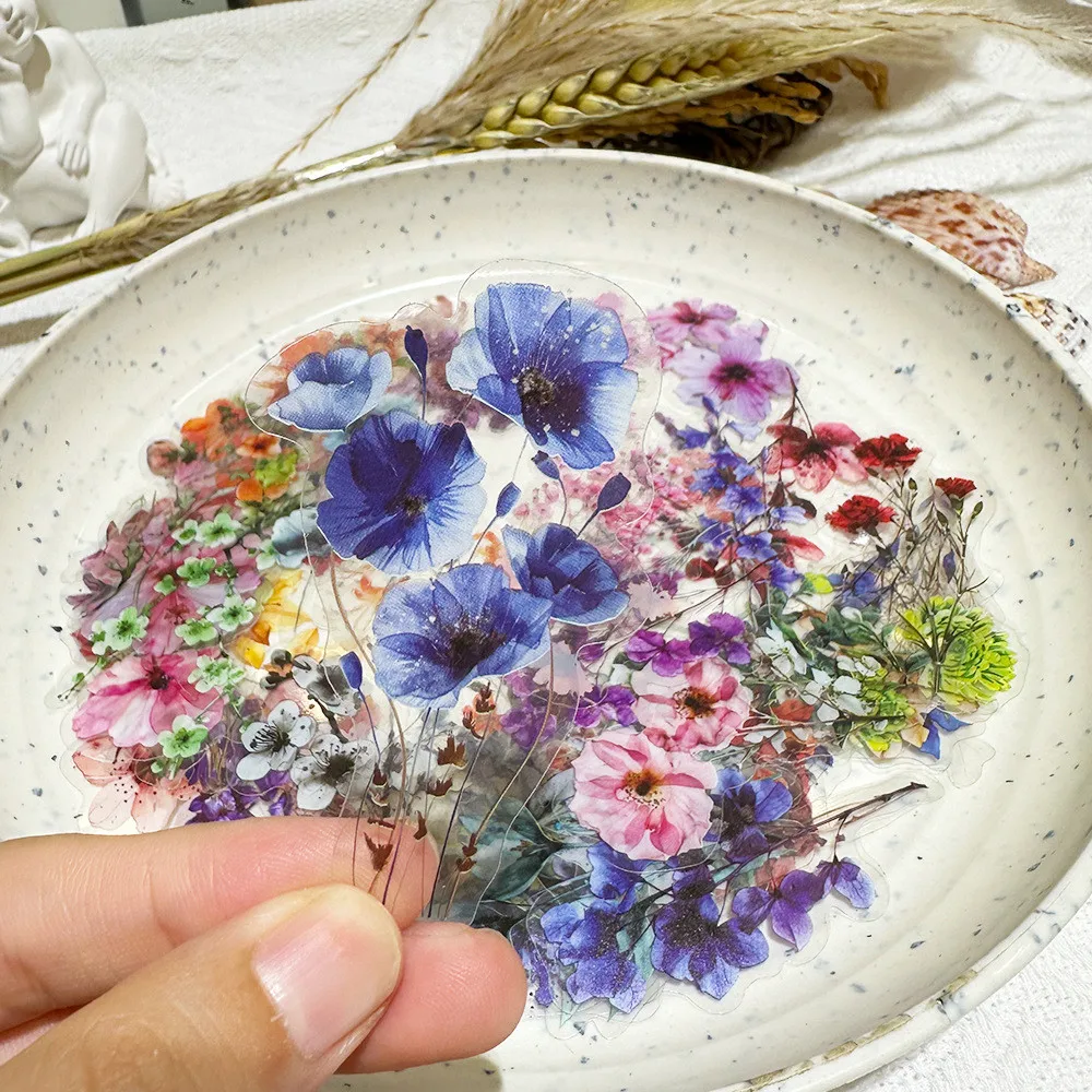 50PCS INS Ink Wash Floral Stickers - Waterproof Transparent PET Scrapbooking Flower Materials for Guitars（ Anime Worlds Store）