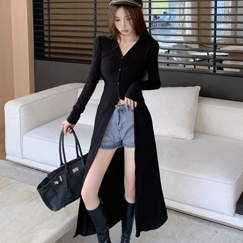 Women Long Black Slim Cardigan Spring 2024