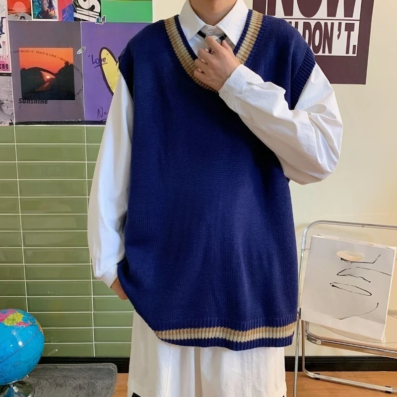 

Мужской вязаный жилет с v-образным вырезом в консервативном стиле, цветная униформа для пар, стильная универсальная осенне-зимняя свободная посадка
