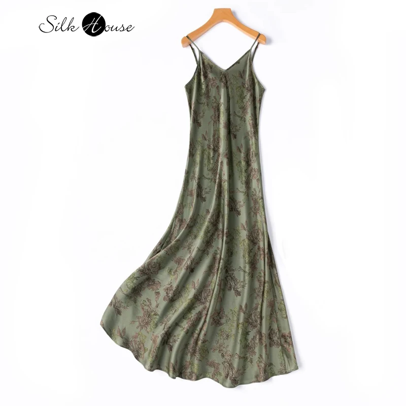 Extended Retro Moss Green Slant Cut 21MM 100% Natural Mulberry Silk Plain Satin Women's Fashionable Casual Suspender Dress