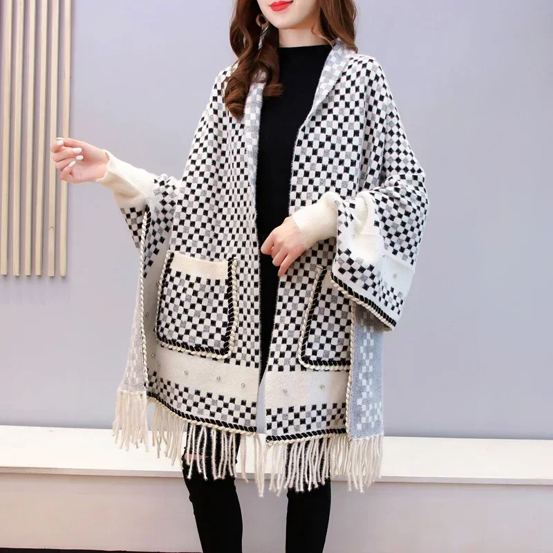 Women Warm Plaid Cape Coat Tassel Cardigan Kimono Long Big Pockets #4008 Black Red White Khaki Mink Cashmere Ponchos And Capes