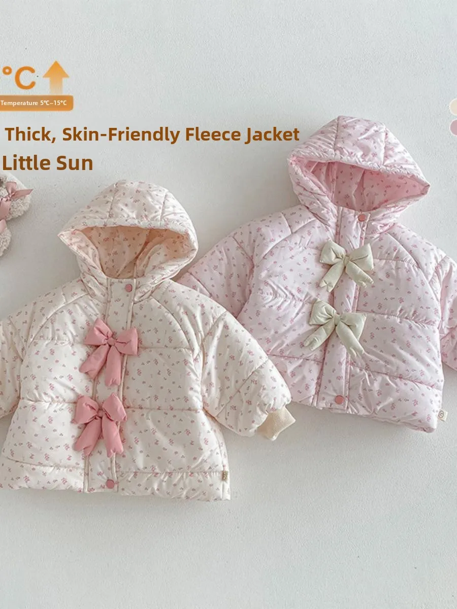 

Girls Floral Cotton Jaet Winter Baby Hooded Cotton Coat Children Knot Trendy Cotton Clothes for Kids