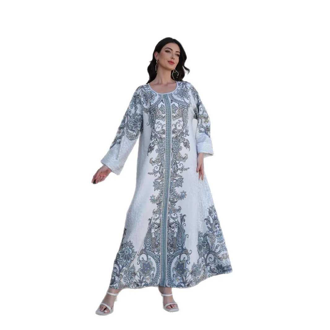 Abaya moyen-orient Robe dubaï Robe musulmane transfrontalière perlée col rond imprimé diamant chaud Robe Cw33200