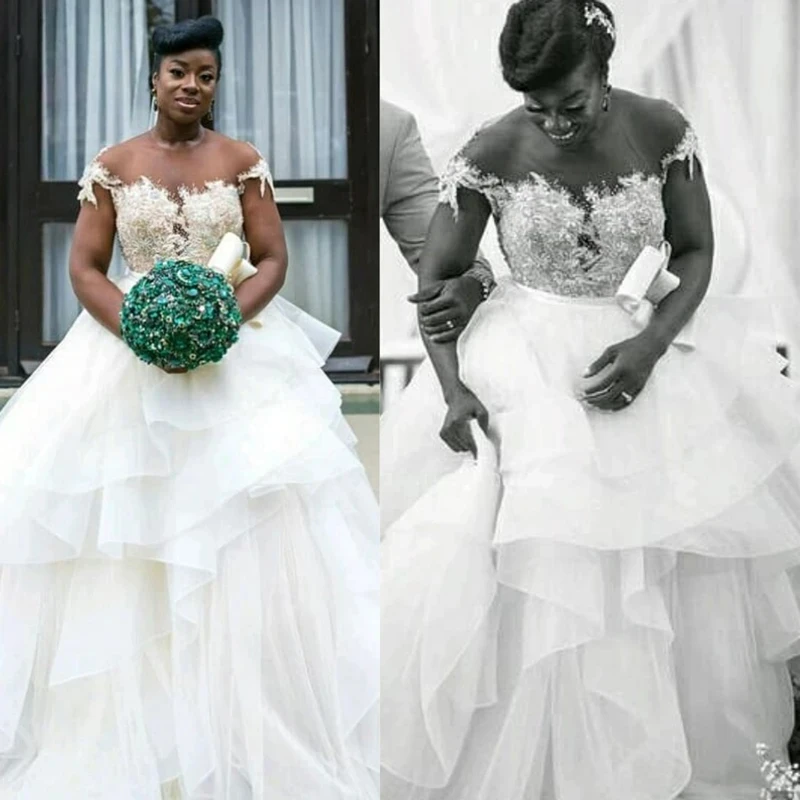 Vestido De novia personalizado con Apliques De encaje y cuello alto, bata De boda con mangas casquillo, ilusión africana, vestido De novia sin espalda, 2025