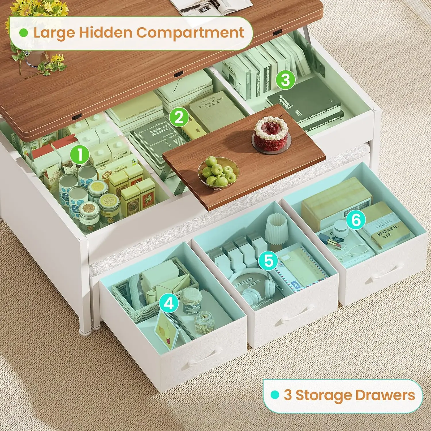 Lift Top Coffee Table Set 43'' Storage Drawers Hidden Compartment Center Table Ottoman Bench Living Room, Customized