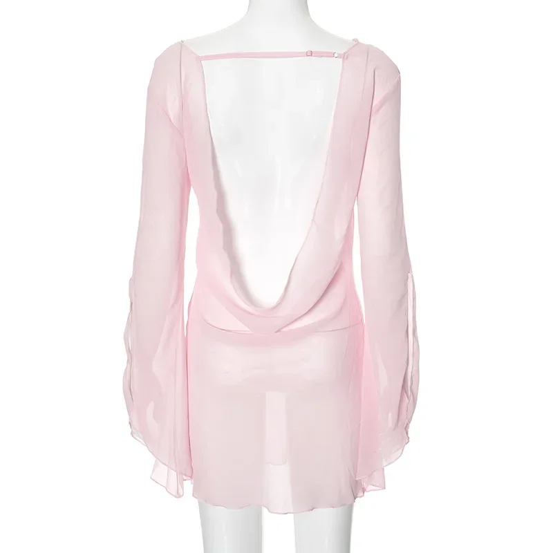 Vestido corto de malla rosa para mujer, minivestido Sexy transparente con Espalda descubierta, manga larga, cuello drapeado, 2024