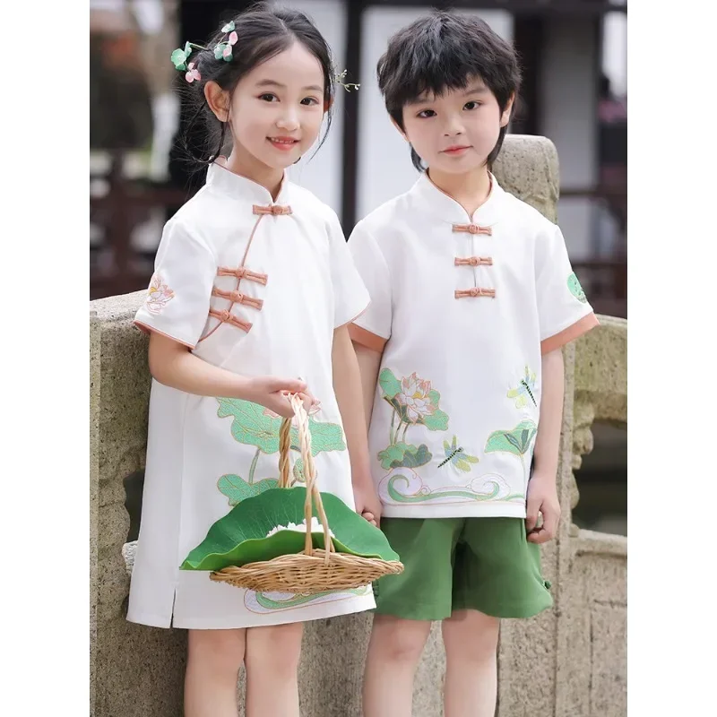 Summer Cute Lotus Dragonfly Tang Suit Cheongsam Boys Girls Twins Chinese Style Chorus Performance Clothing Online Chinese Store