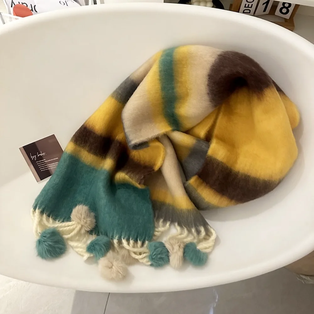 Colorful Striped Scarf For Autumn And Winter Plus Velvet Thickened Fur Ball Neck Scarf Neck Warm Cold-Proof Neckerchief New 2025