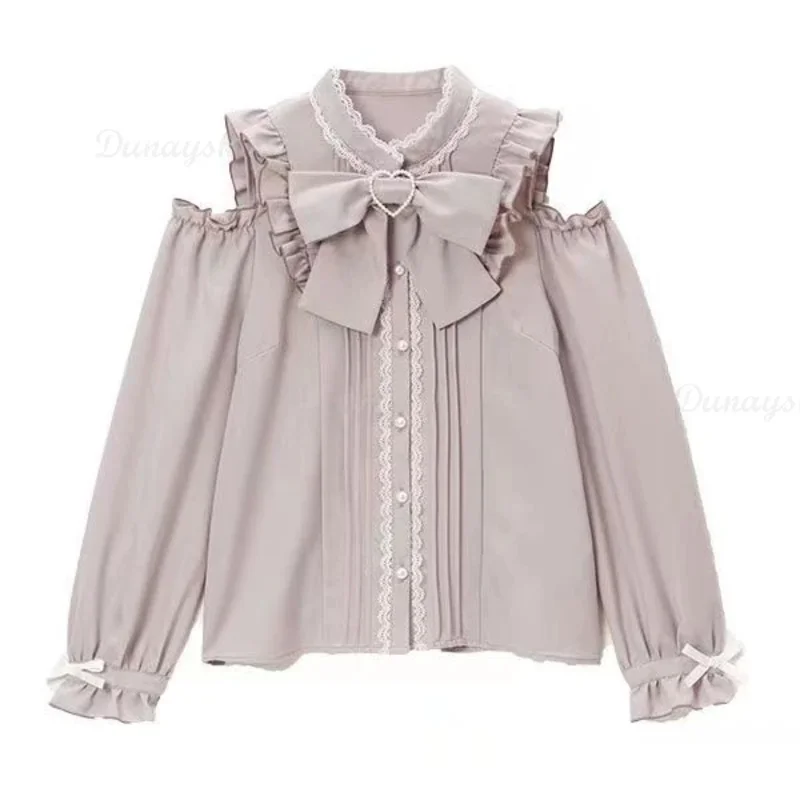 CyJirai kei Schoolgirl Outfit Lolita Lace Plus Size Retro Blouse Women Off Shoulder Japanese Sweet Top Autumn Loose Vintage Shir