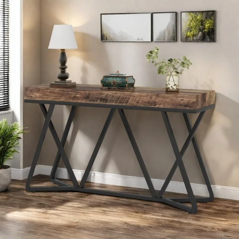 

55" Console Tables for Entryway, Industrial Wooden Sofa Table, Entryway Furniture with Geometric Metal Base for Living Room, En