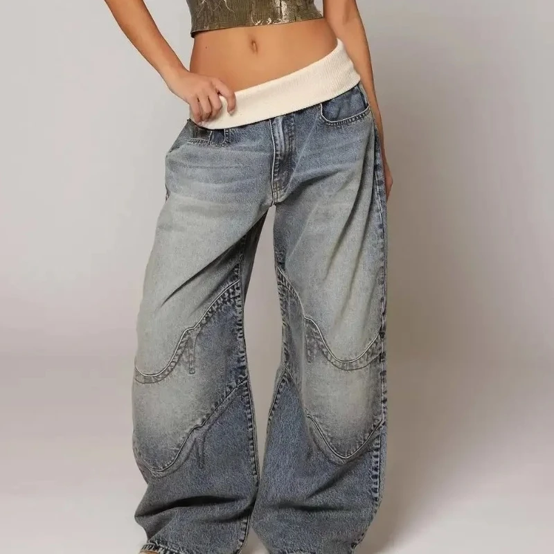 Y2K Hip-hop Stitching Fashion Joker Retro Jeans Female Korean Casual Patchwork Wide-leg Pants 2000s Vintage Loose Jeans Overalls