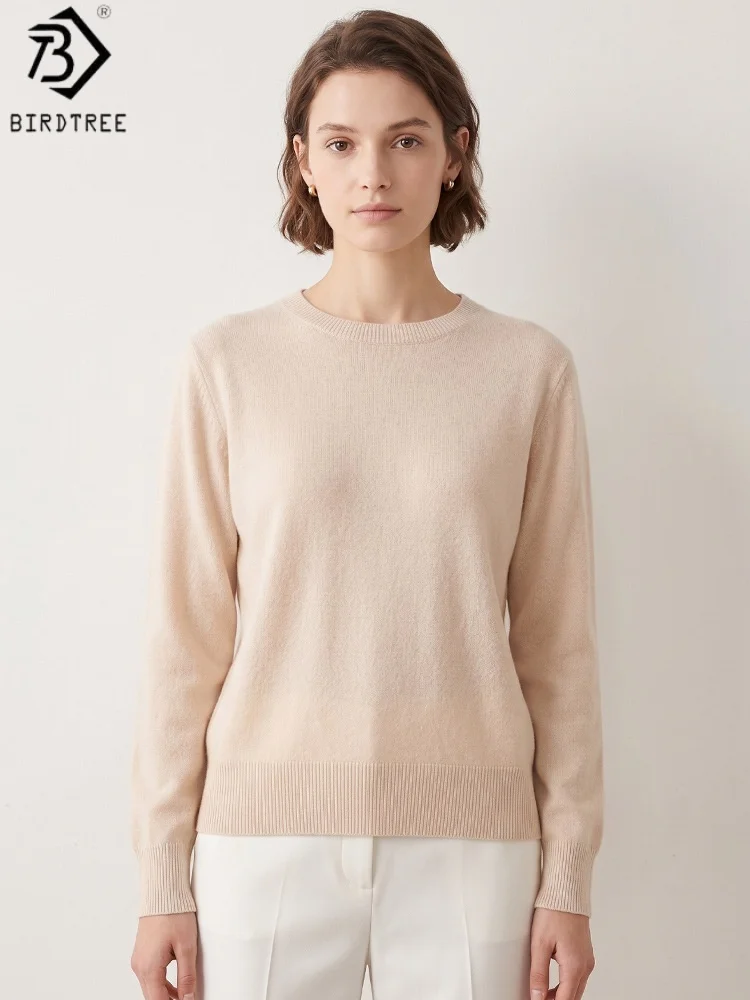 Birdtree, 90% Sheep Wool 10% Cashmere Sweater, O-neck Tops, Women's Knitted Long Sleeve Slim Blouse, 2026 Autumn New T69714JF