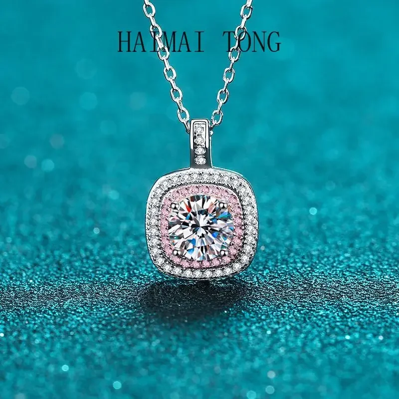 

HAIMAITONG Square micro-encrusted necklace moissanite Diamond Women's choker pt950 Platinum chain Gift