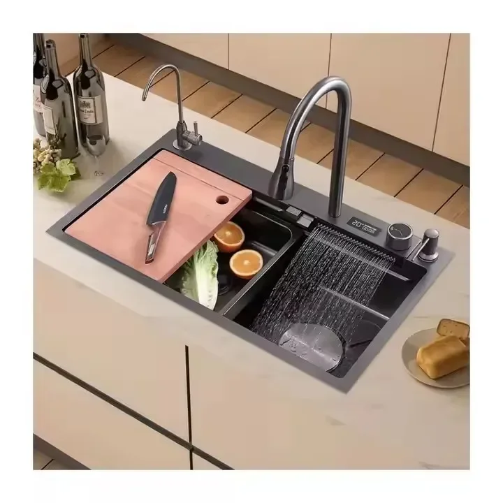 black 304 stainless steel kitchen digital display rain dance waterfall cup washing machine smart home kitchen sink
