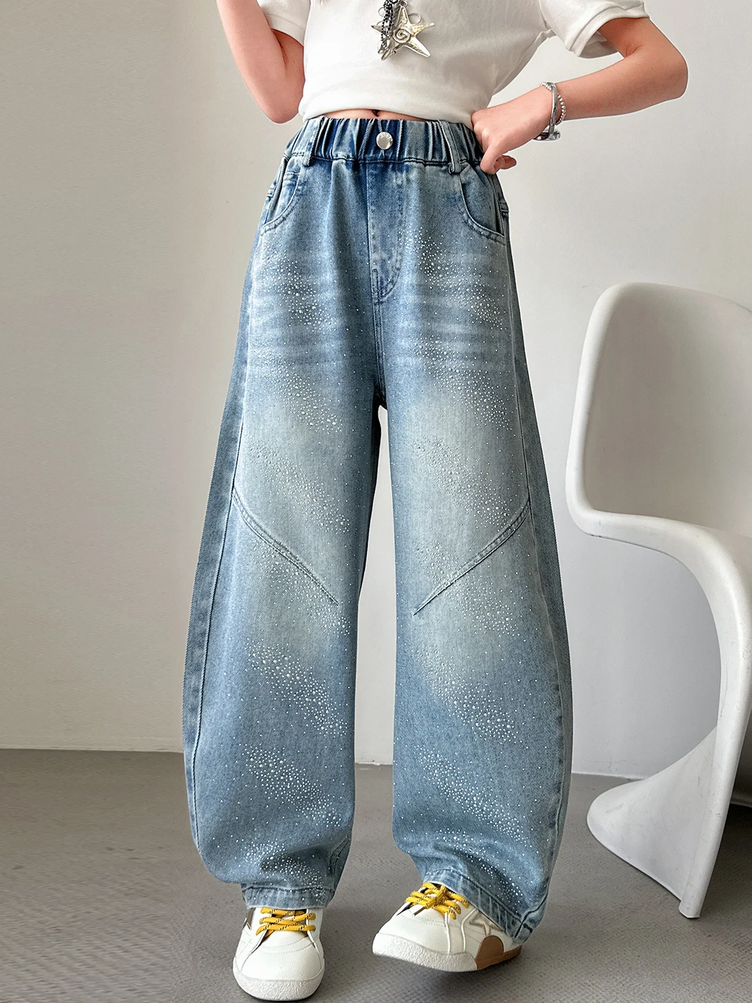 

Spring Faion Diamond Studded Girls Jeans Middle School Students Loose Fit l Waist Denim Pants Spring Autumn Sle
