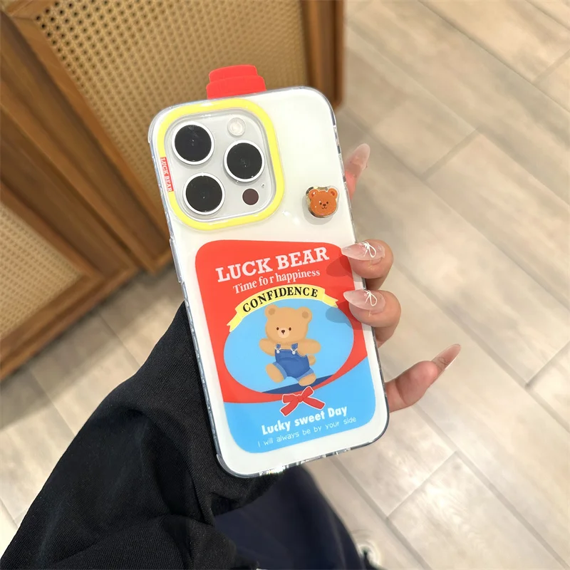 

Kawaii Cartoon Bear Phone Case For iPhone 16 Pro 15 14 Pro Max 15Pro Back Cover Shockproof Cases Cute Protective Covers