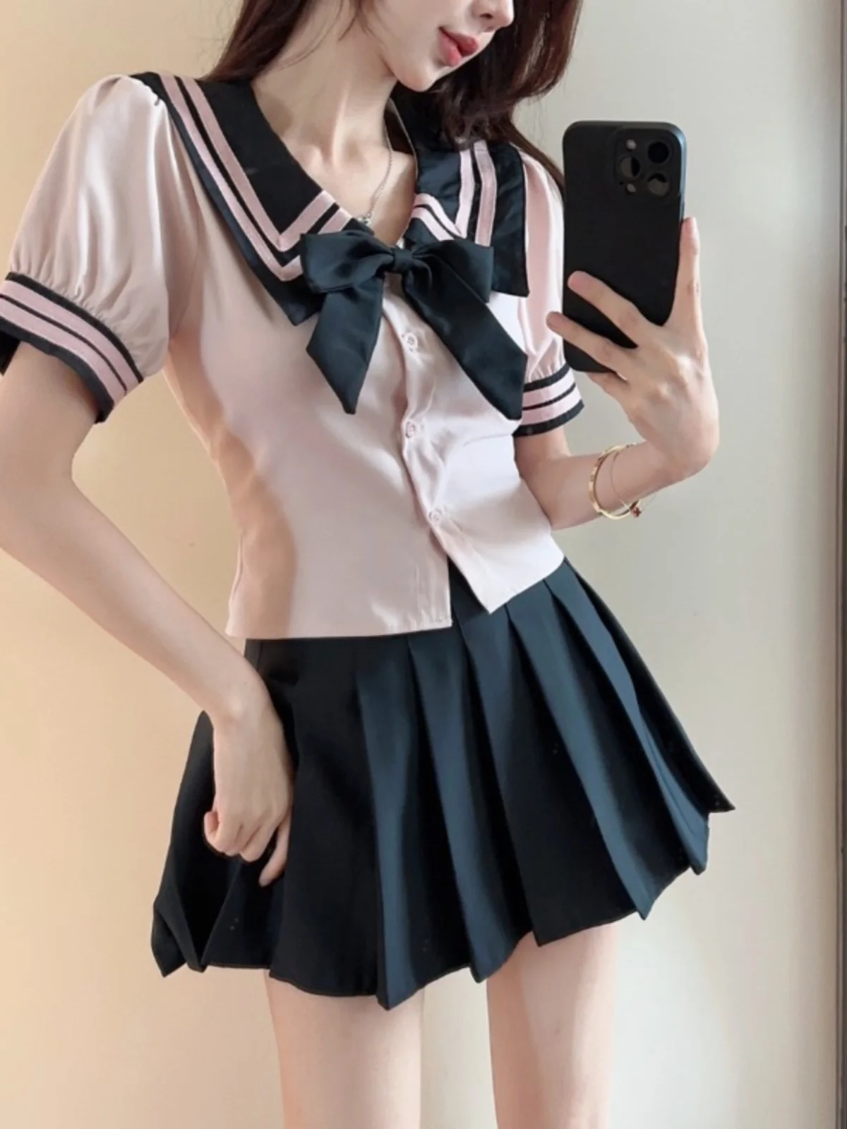 طقم زي مدرسي للبنات بأسلوب حلو، زي JK للنساء، قميص صيفي قصير الأكمام مع تنورة عالية الخصر، طقم من قطعتين