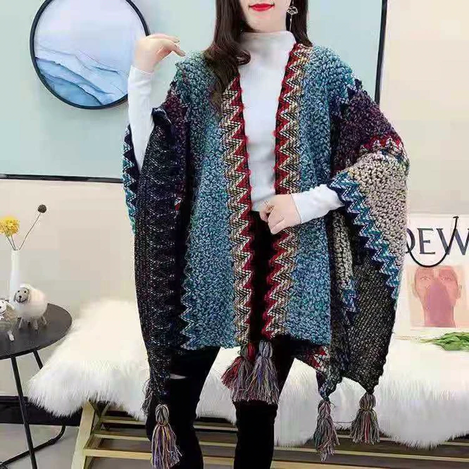 

Women Knitting Poncho Capes Autumn New Female Fashion Bohemian Poncho Cloak Tassel Winter Clothing Cardigan Scarf Tibet Blue