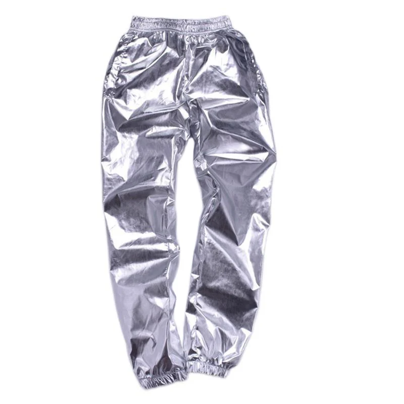 

Hip Hop Men Shiny Silver / Gold Pants 2023 Spring Summer Elastic Waist Street Dance Poppin Jogger Pants Casual