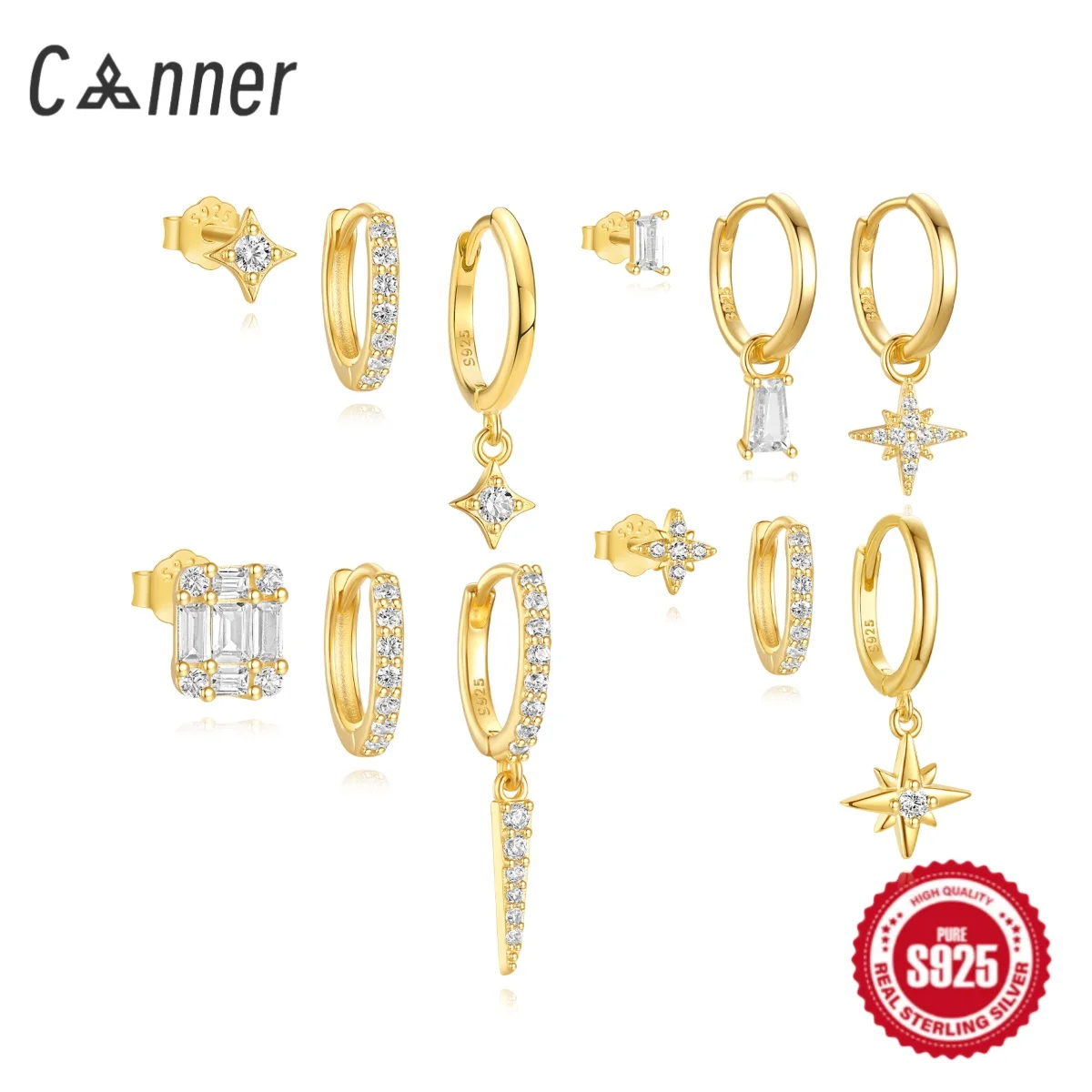 CANNER 1 Set Square Brick Eight Pointed Star Petal Earring Set For Women 925 Silver 18K Gold Detachable Pendant Ins Fine Jewelry