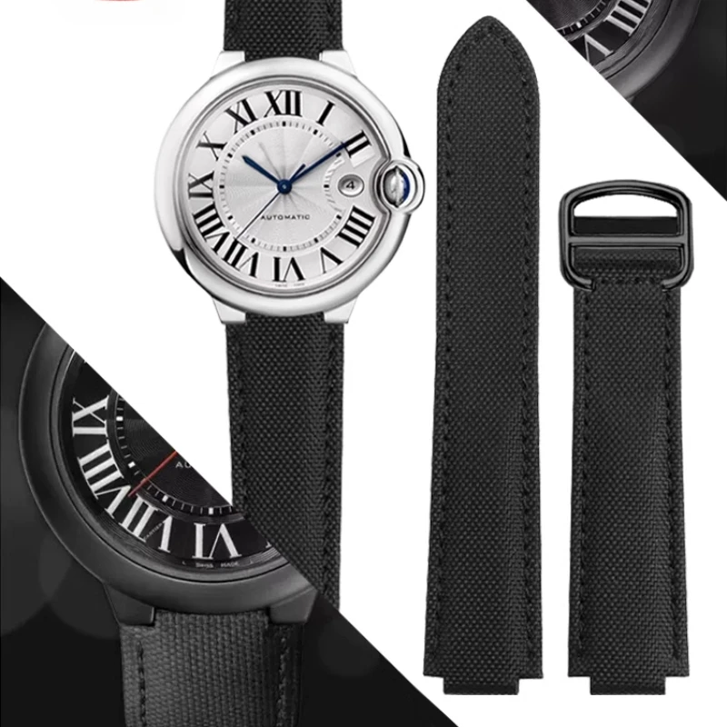 Canvas Watch Strap Black 11x18 12x20mm for Cartier Ballon Bleu Series WSBB0015 Black Bay Convex Interface  Exquisite Watch Chain