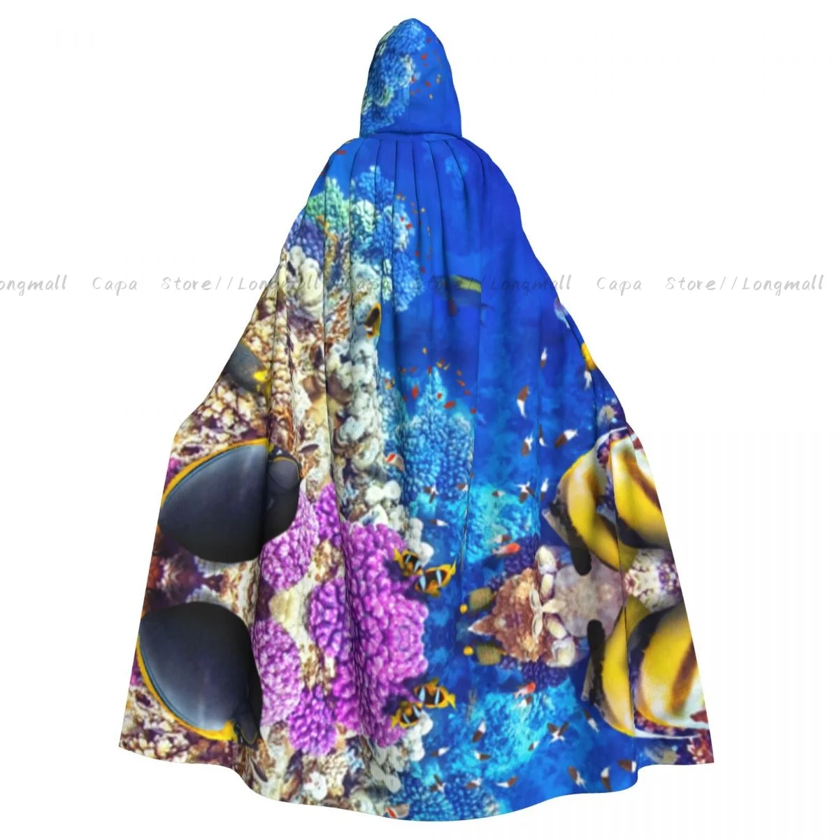 Adult Halloween Underwater World Coral And Tropical Fish Cloak Cape Hooded Medieval Costume Full Length Dress Coat