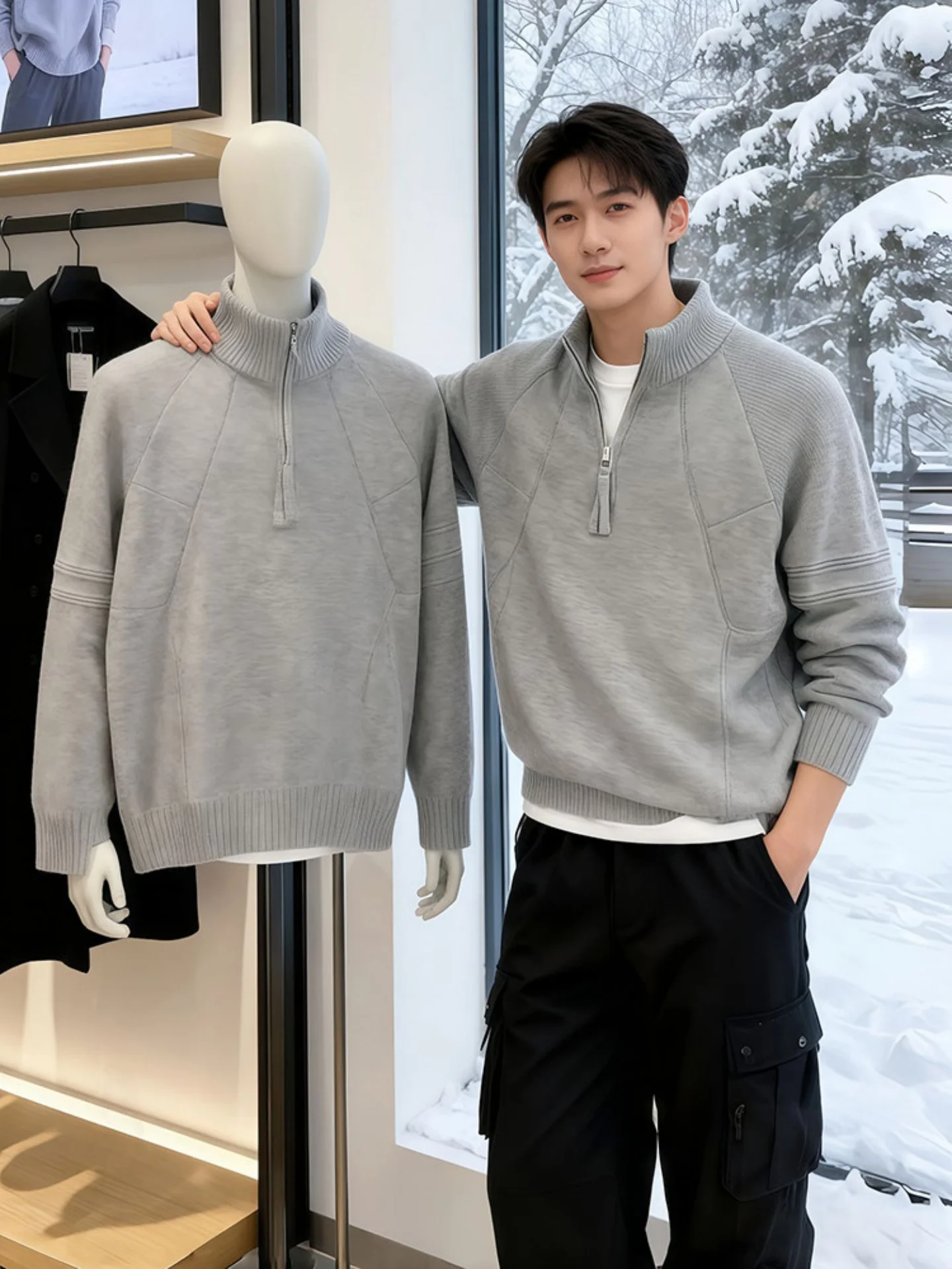 

Мужской вязаный свитер с молнией, утепленный, с высоким воротником, повседневный, теплый, из полиэфирного волокна, для зимы