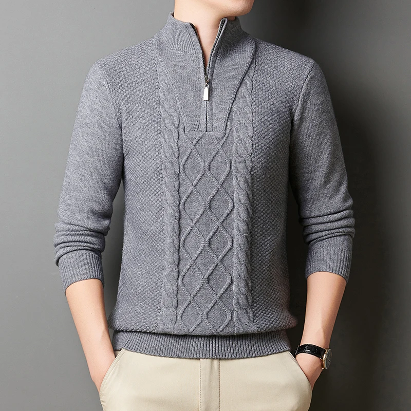 Men Thick Warm Zipper Collar Knitted Sweater Fashion Men Base Shirt Pure Color Sweater Autumn Winter Male Trend Pullover
