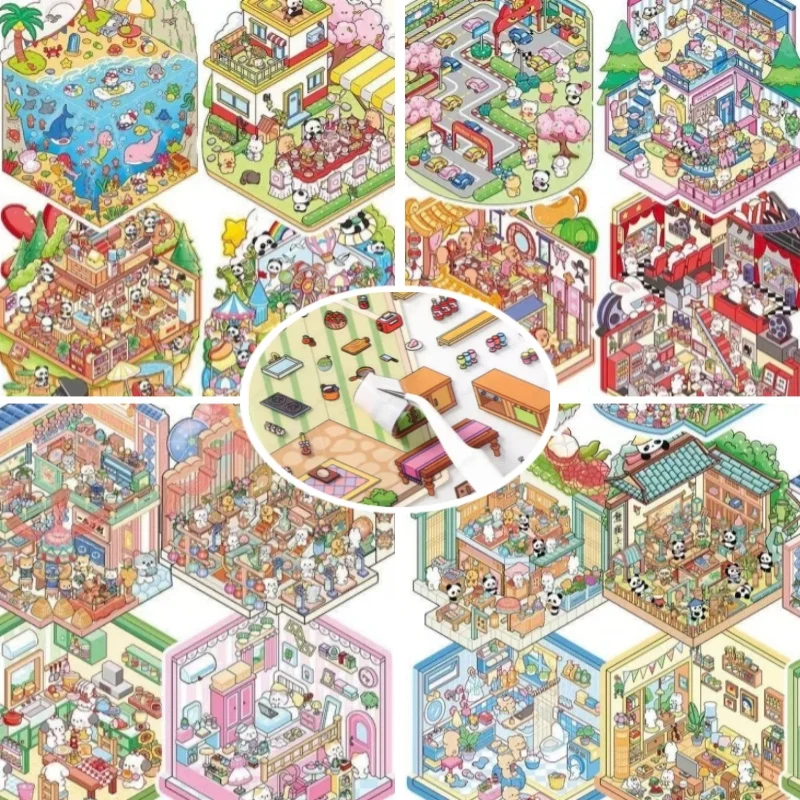 40 autocollants 3D paysages, collection d'autocollants, album, scène de dessin animé, jouet DIY, jeu, cadeau de festival, anniversaire pour enfant, fille, enfant ﻿