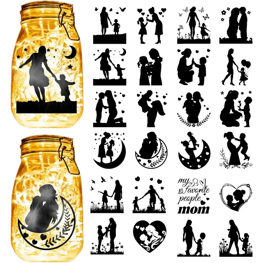 24 Uds. Decoración de tarros de Mason para madre, calcomanías de siluetas de exhibición para el día de la madre, pegatinas de reserva de chat, calcomanías recortadas, plantas de gatos