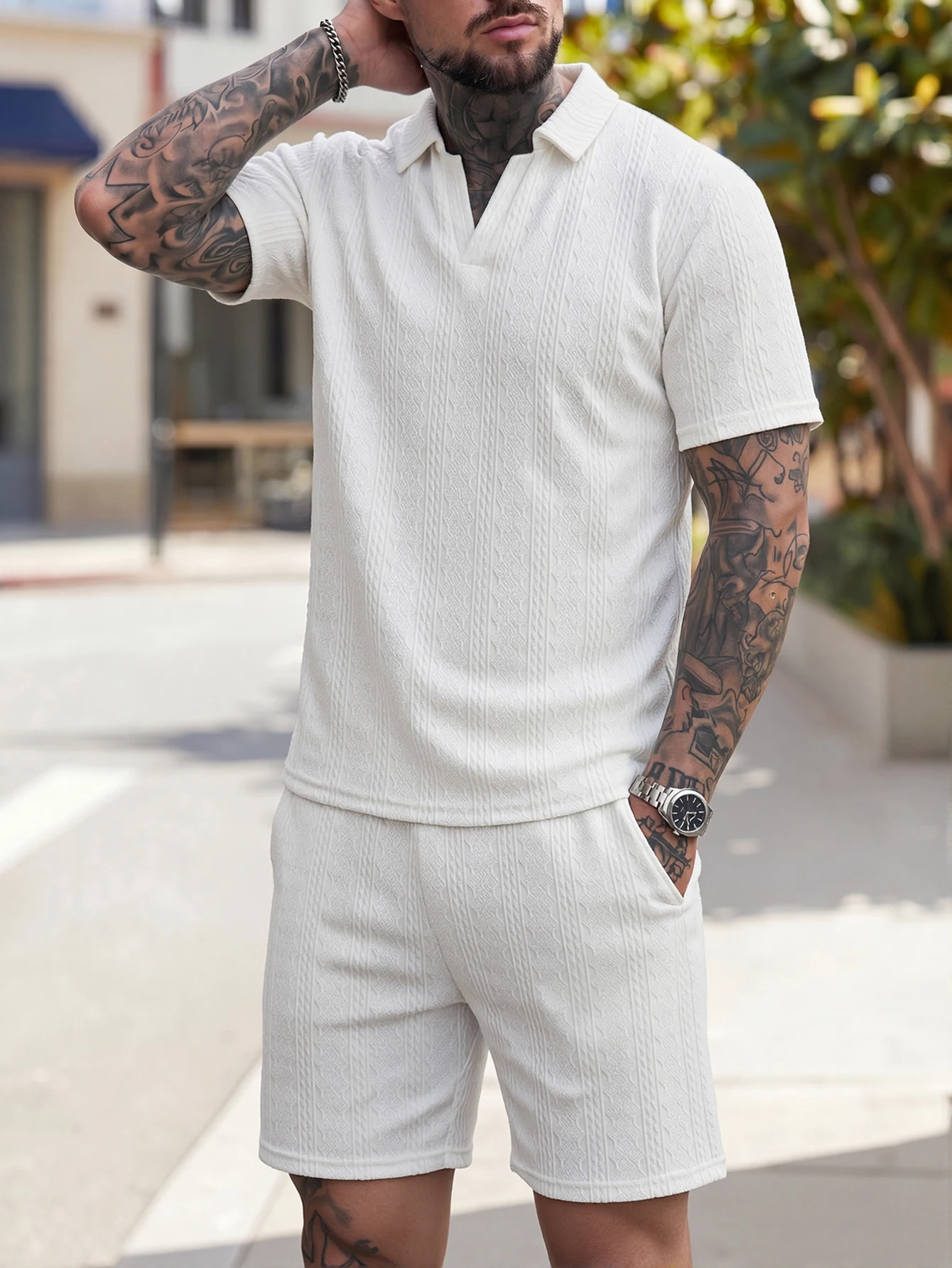 Conjunto de Dos Piezas de Pantalones Cortos y Camiseta de Manga Corta para Hombre, Estilo Informal, Textura de Rayas Verticales, Transpirable y Sencillo
