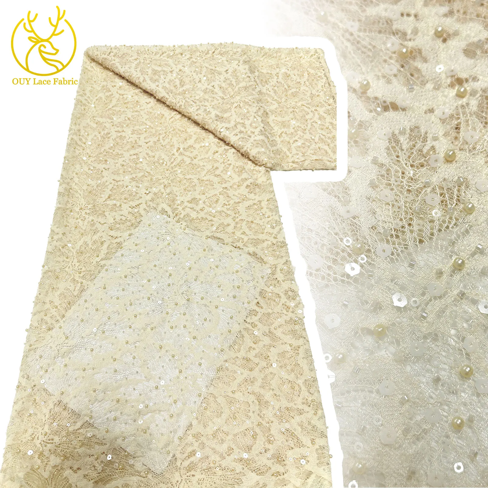 

Newest African Sequins Mesh Lace Fabric 5 Yards French Nigerian Groom Beaded Embroidery Lace Fabric Wedding Party Dresses