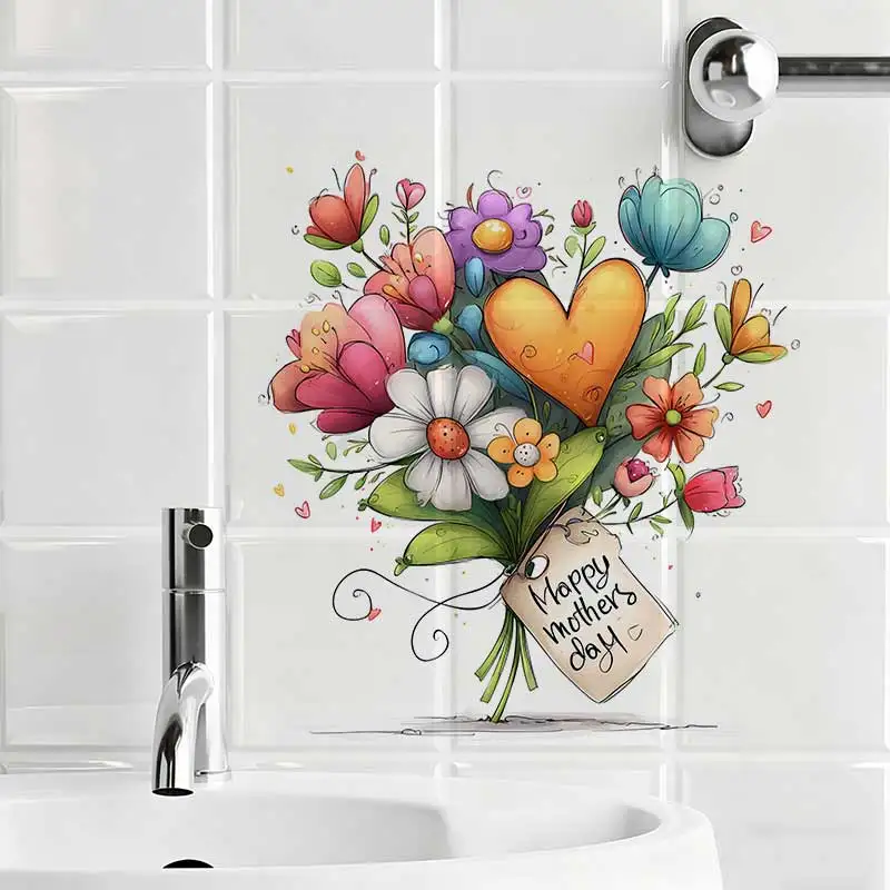 Mother's Day Floral Wall Sticker Toilet Lid Stickers, Bedroom Entrance Living Room Porch Home Decora Waterproof Decals M1575