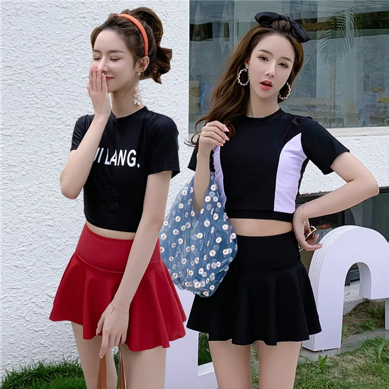 

Women's Swimsuit Bot f Skirt High Waist Belted Flat Briefs with Top T-irt Student Bla Red Thermal Use Nylon Spandex