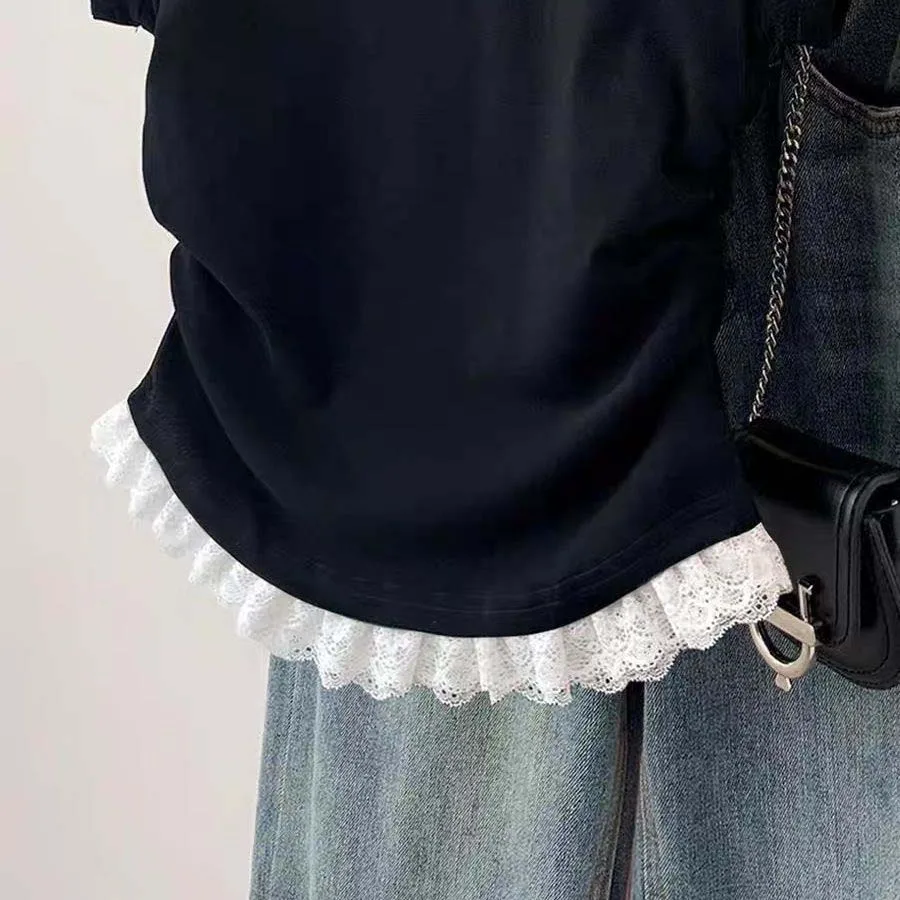 Womens Casual Dog Print T-Shirt with Lace Trim on Sleeves and Hem Made from Breathable Polyester for Daily Wear