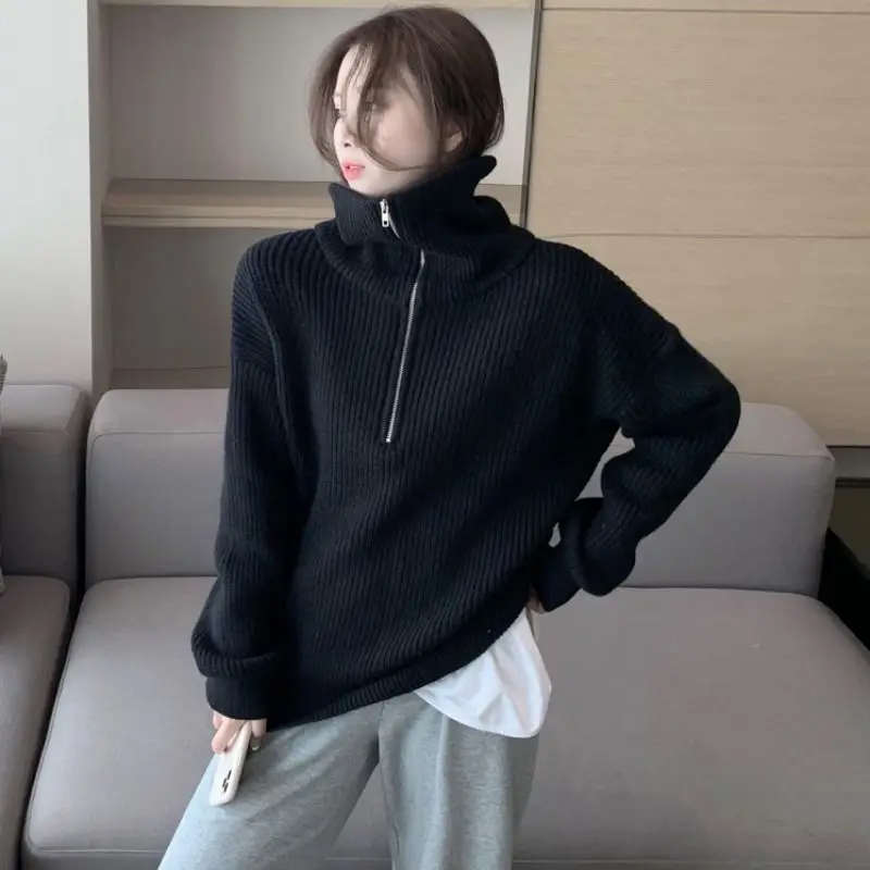 

Women's Turtleneck Zippers Fashion Women Sweaters Solid Green Blue Pullover Long Sleeve Casual Knitted Sweater Woman Winter 2023