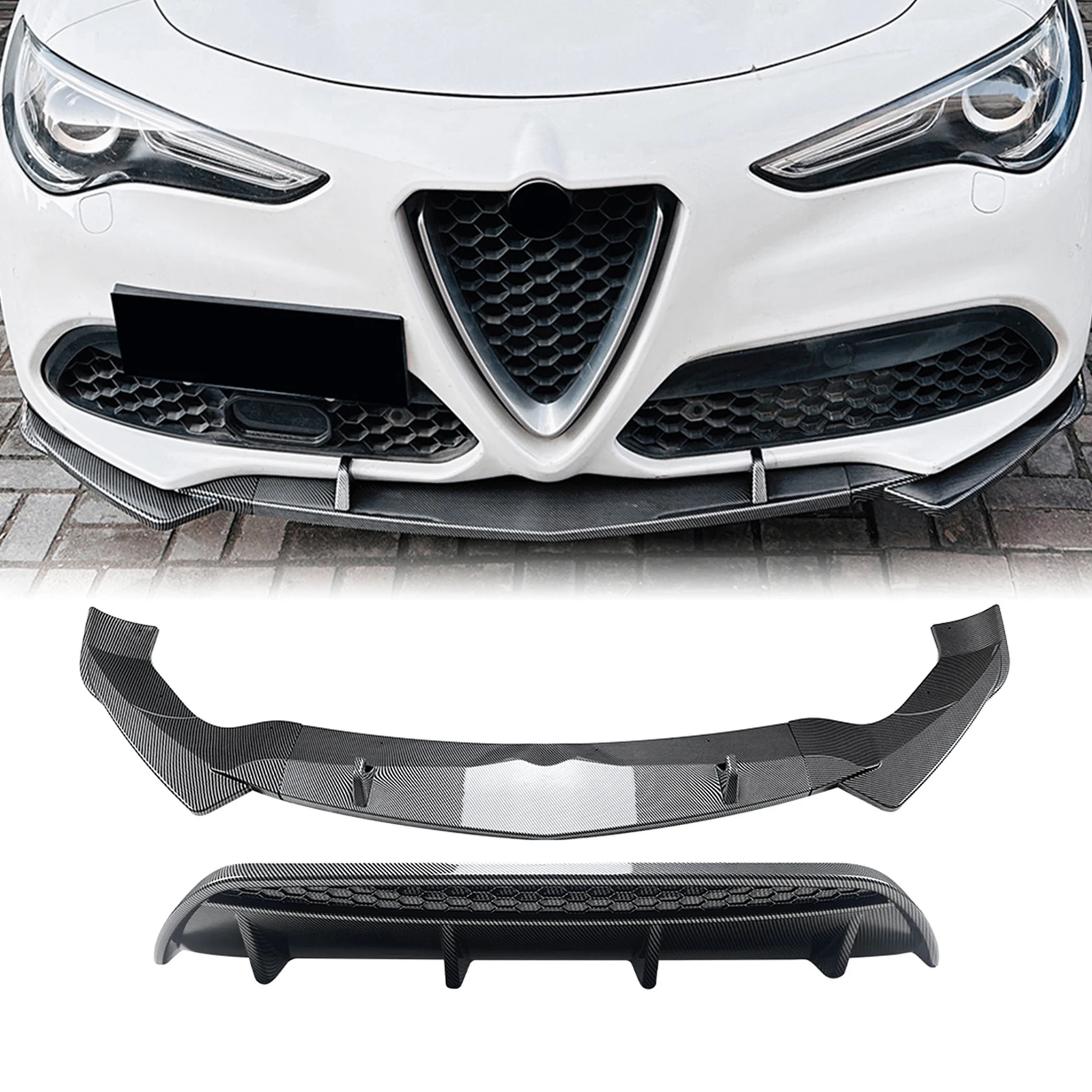 For Alfa Romeo Stelvio 2017-2025 Front Bumper Lip + Rear Diffuser Spoiler Carbon Fiber Look/Gloss Black Lower Splitter Blade Kit