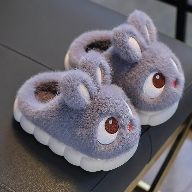 New Winter Cute Big Eyed Rabbit Children Waterproof Warm Non-slip Fluffy Slippers for Girls Boys Kids Indoor Home Cotton Shoes