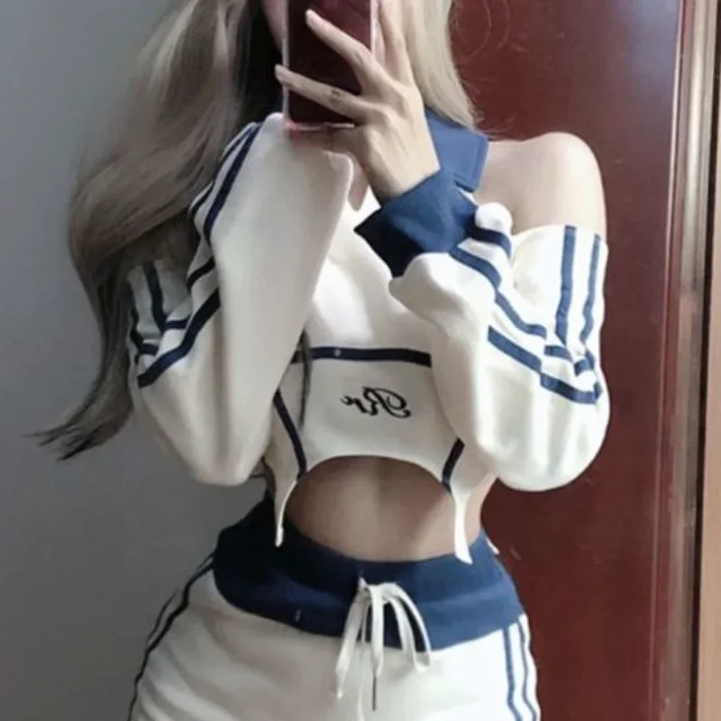 Hikigawa Chic Fashion Women Streetwear Y2k Sports Casual 2 Set Off Shoulder Crop Top Mujer+Drawstring High Waist Mini Skirts