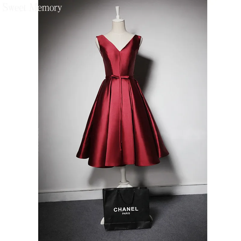 F279 Sexy V-Neck Wine Red Satin Prom Dresses Woman Lace Up Wedding Party Dress Graduation Sleevless Gown Girls Backless Robes