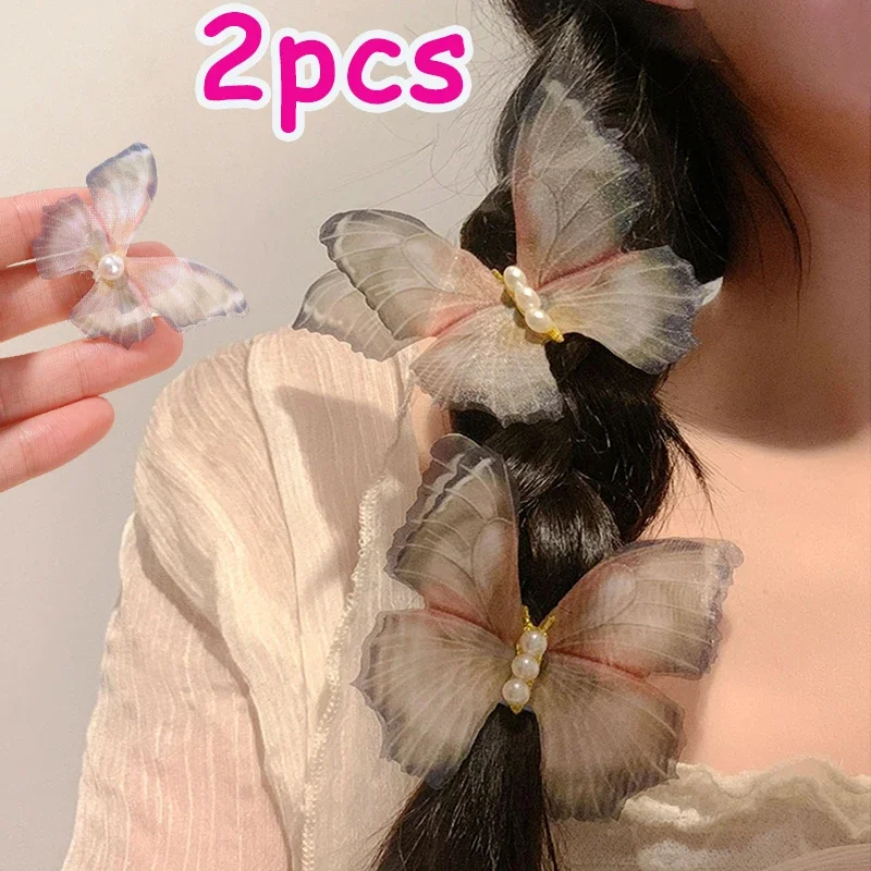 2PCS Super Immortal Butterfly Hair Clips Forest Style Sweet and Elegant Fabric Pearl Hair Accessories for Women's Accessories