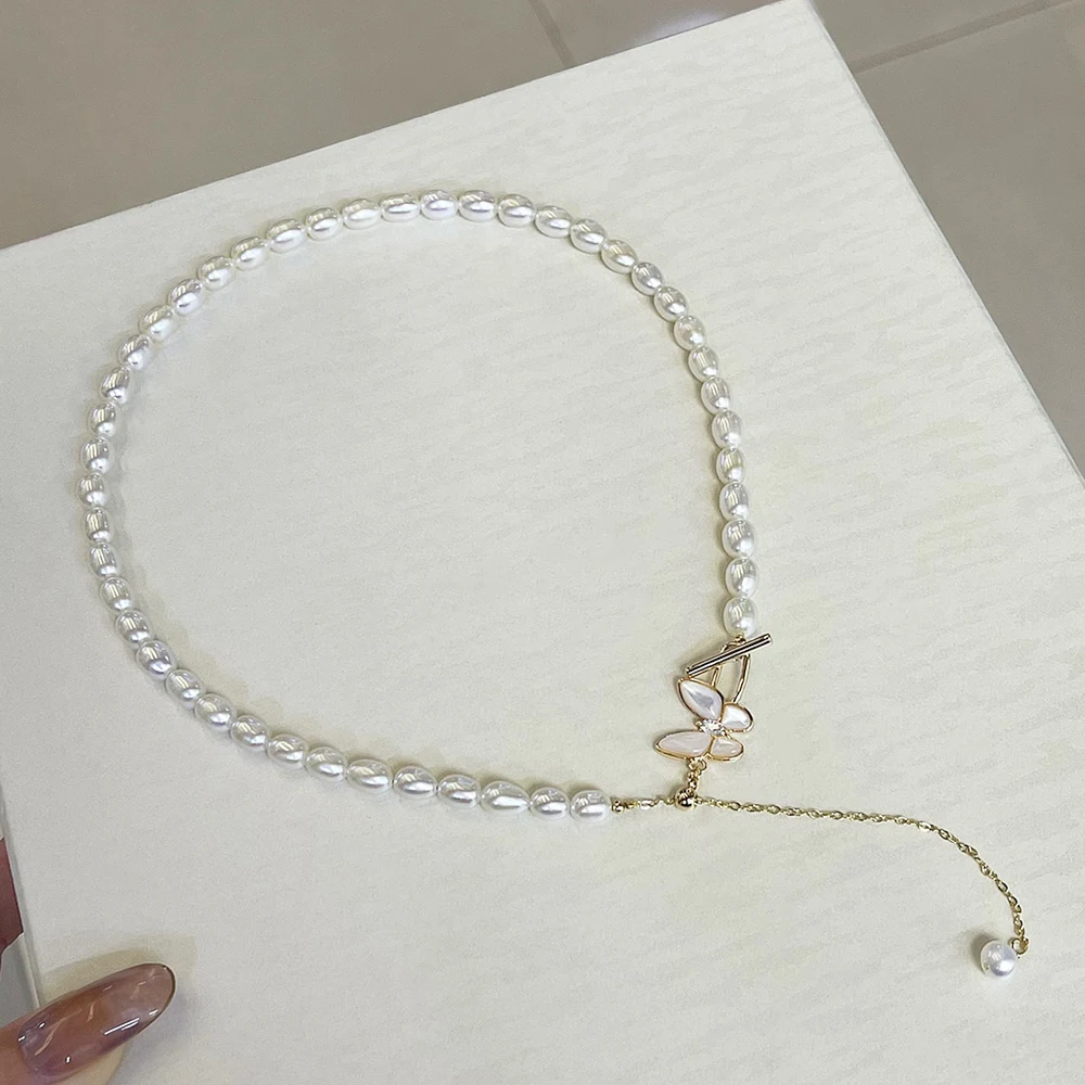 7-8mm Creamy White Natural Freshwater Pearl Choker Necklace with Sexy and Beautiful Mother of Pearl Butterfly 38+8cm Adjustable